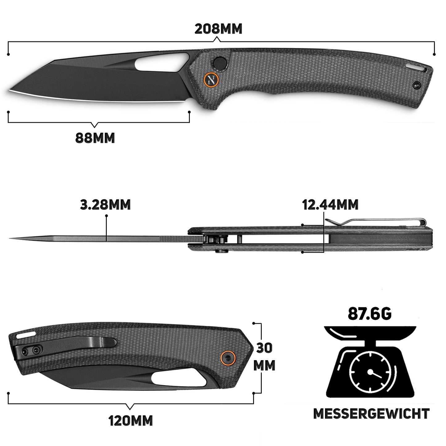 NedFoss MAMBA II Klappmesser, 8.8CM 14C28N Stahl Taschenmesser mit Button-Lock, Einhandmesser mit Micarta Griff, Outdoor Messer mit Gürtelclip, Survival Messer für den Alltag, Sammlung & Geschenk