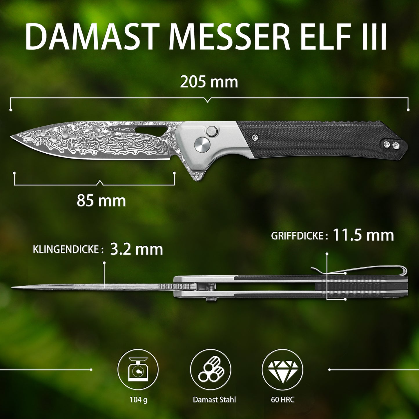 NedFoss ELF III Klappmesser, 8.5cm Damast Taschenmesser aus 67 Lagen VG10 Stahl mit Button-Lock, Einhandmesser mit G10 Griff, Outdoor Messer mit Clip, Jagdmesser für den Alltag, Sammlung & Geschenk
