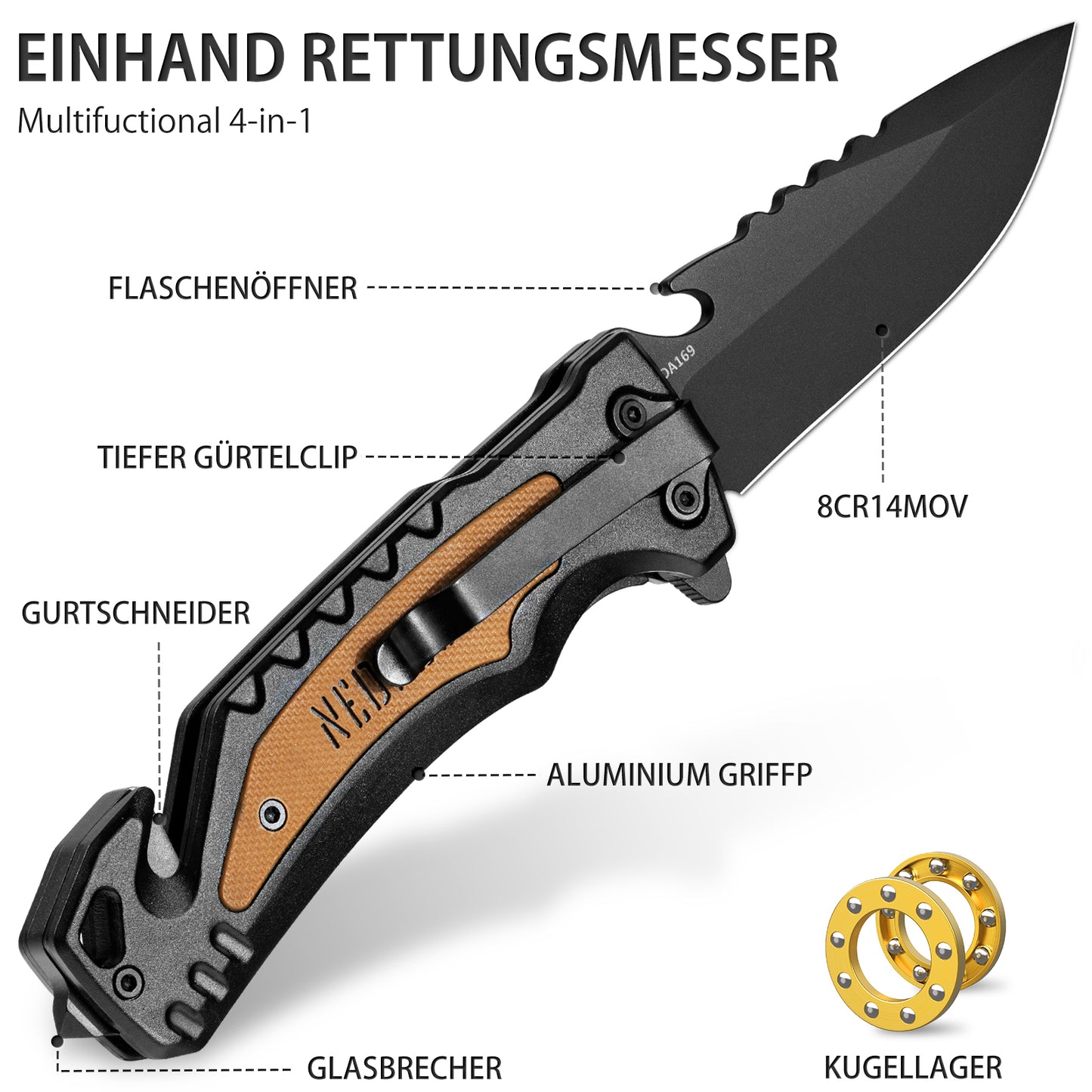 NedFoss DA169 Klappmesser, 9.5 CM Taschenmesser mit Gurtschneider & Glasbrecher & Flaschenöffner, Einhandmesser mit Liner Lock & Kugellager, Rettungsmesser für Auto, Survival Rescue messer Outdoor