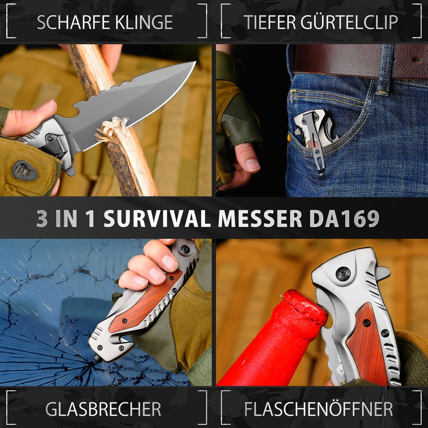 NedFoss DA169 Klappmesser - 3 IN 1 Taschenmesser mit Glasbrecher und Gurtschneider, Einhandmesser, Rettungsmesser, Überlebensmesser, Survival Messer