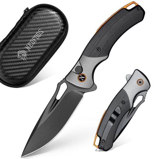 NedFoss HERON Klappmesser, VG10 Stahl Taschenmesser mit Button-Lock, Einhandmesser mit G10 Griff, Outdoor Messer mit Gürtelclip, Survival Messer für den Alltag, Sammlung & Geschenk