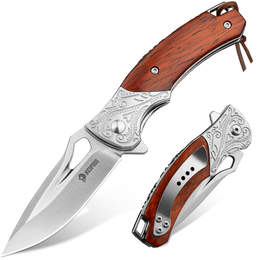 NedFoss HERON Klappmesser, 7cm 14C28N Sthal Einhandmesser mit Holzgriff, Scharfes Taschenmesser mit Liner Lock & Kugellager, Outdoor Messer mit Glip, Survival Messer in Geschenk-Box für Sammlung