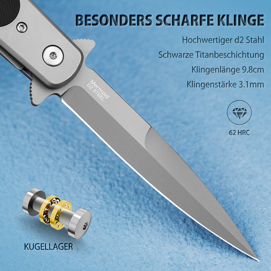 Nedfoss MERMAID Taschenmesser, 9.8cm D2 Stahl Klappmesser mit G10-Griff, Einhandmesser mit Gürtelclip, Vatertagsgeschenk