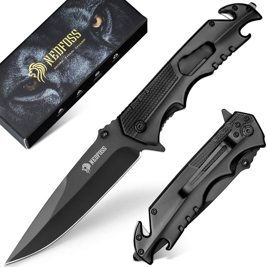 NedFoss FA48 Klappmesser,  4-in-1 Outdoor Taschenmesser, Survival  Einhandmesser, Scharfes Rettungsmessermit Flascheöffner, Gurtschneider und Glasbrecher