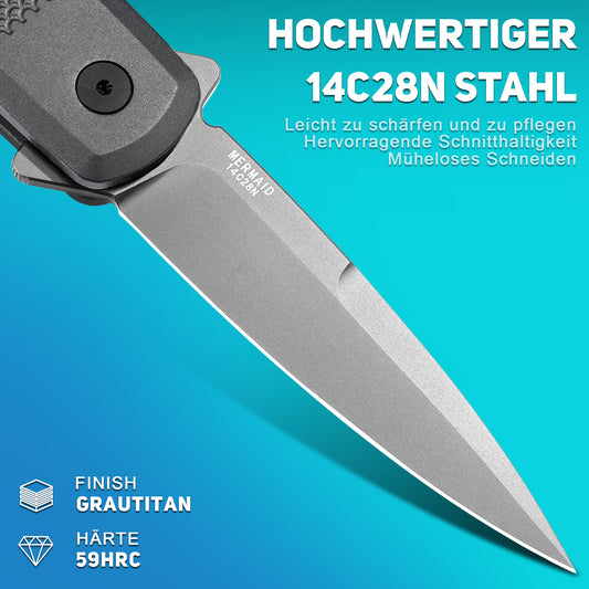 NedFoss MERMAID II Klappmesser, 8.5CM 14C28N Stahl Taschenmesser mit Button-Lock, Einhandmesser mit Aluminium-Griff, Outdoor Messer mit Gürtelclip, Survival Messer für den Alltag, Sammlung & Geschenk