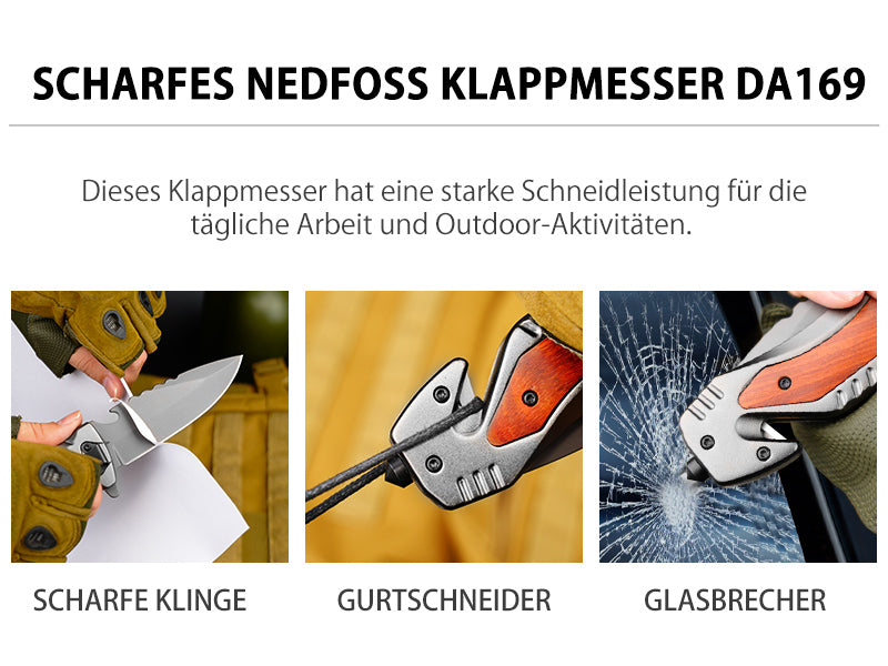 NedFoss DA169 Klappmesser - 3 IN 1 Taschenmesser mit Glasbrecher und Gurtschneider, Einhandmesser, Rettungsmesser, Überlebensmesser, Survival Messer