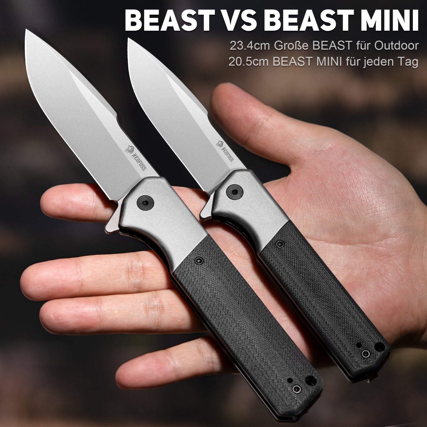 NedFoss BEAST Klappmesser, Klingenlänge 8.7cm aus D2 Stahl Taschenmesser mit G10 Griff, Einhandmesser mit Liner Lock & Kugellager, Outdoor Messer mit Clip, Survival Messer für Sammlung & Geschenk