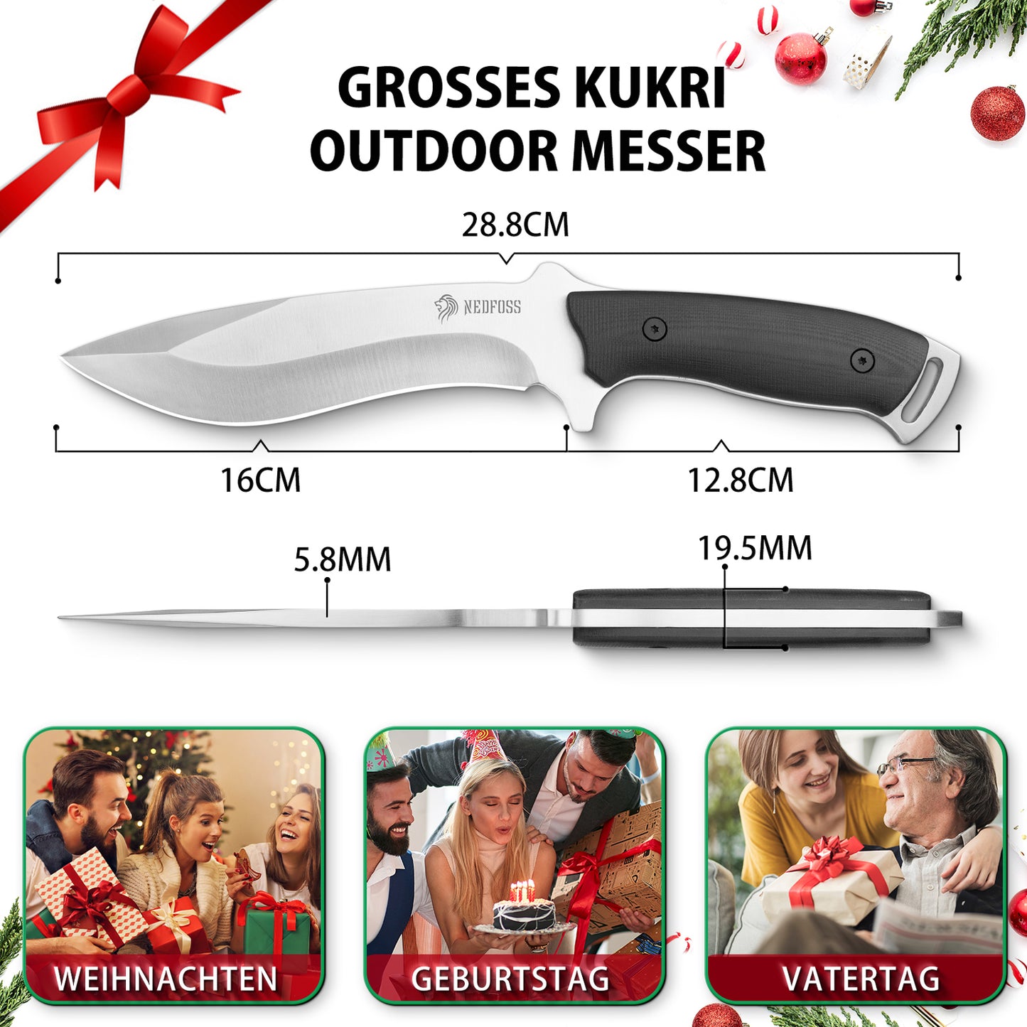 NedFoss BIG-DOG Outdoor Messer, 16.5CM Full Tang Jagdmesser mit Kydexscheide & G10 Griff, 5.5CM dick großes Survival Messer