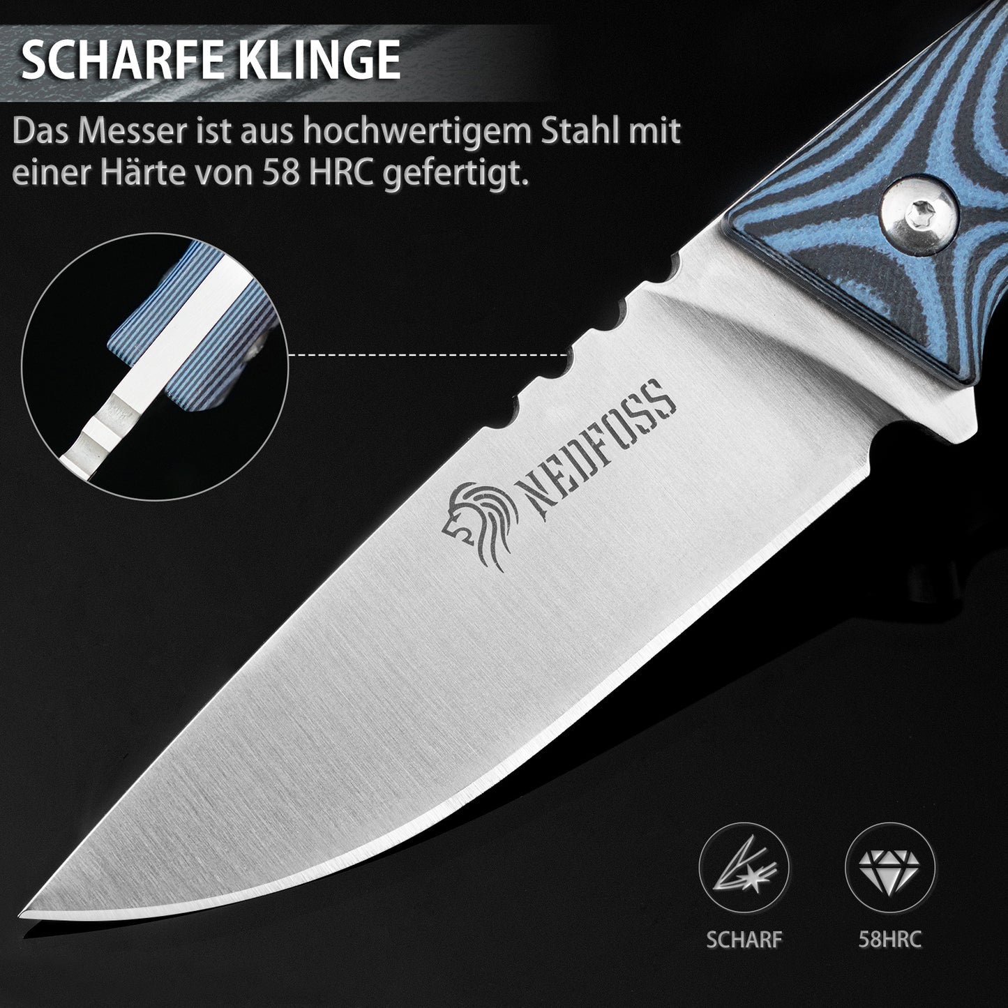 NedFoss HYENAS Outdoor Messer, 9cm Full tang Survival Messer mit Kydex Holster, scharfes Bushcraft Messer mit rutschfestem G10 Griff, Jagdmesser, Fahrtenmesser