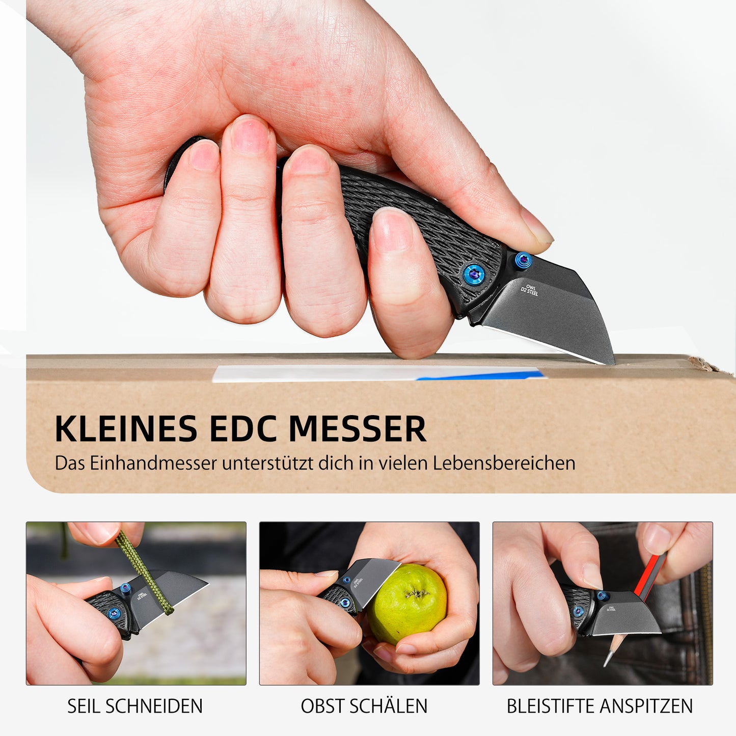 NedFoss OWL Klappmesser, 3.7cm D2 Stahl mini Taschenmesser mit Aluminiumgriff, Einhandmesser mit Liner Lock, Schlüsselanhänger Messer mit Karabiner, EDC Messer für Alltag, Sammlung & Geschenk