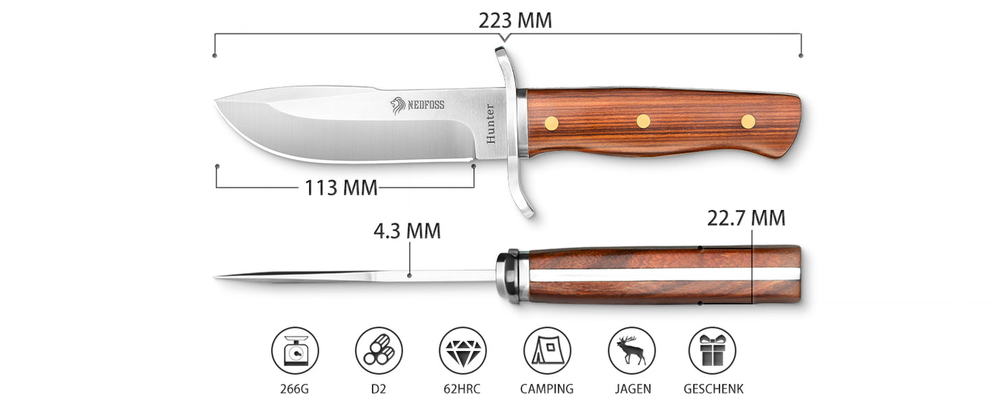 NedFoss HUNTER Jagdmesser, 11cm Bowiemesser aus D2 und Rotholzgriff mit Exquisite Ledertasche, Survival Messer für Outdoor, Extra scharf (Schwarz)