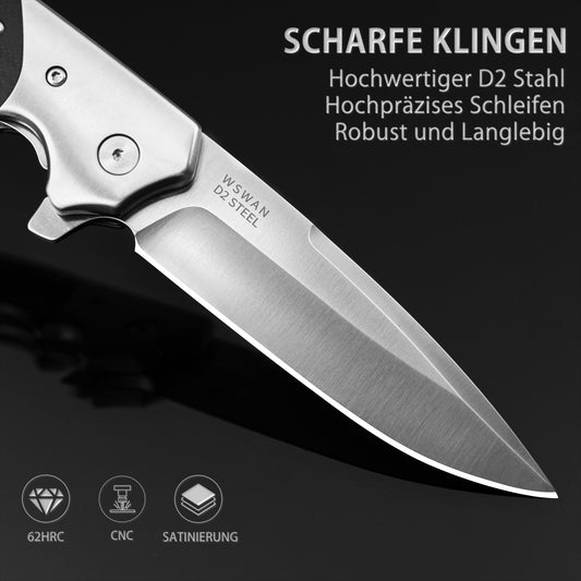 Nedfoss SWAN Klappmesser, D2 Stahl Taschenmesser mit G10 Griff, Scharfes Einhandmesser Klappmesser mit Gürtelclip