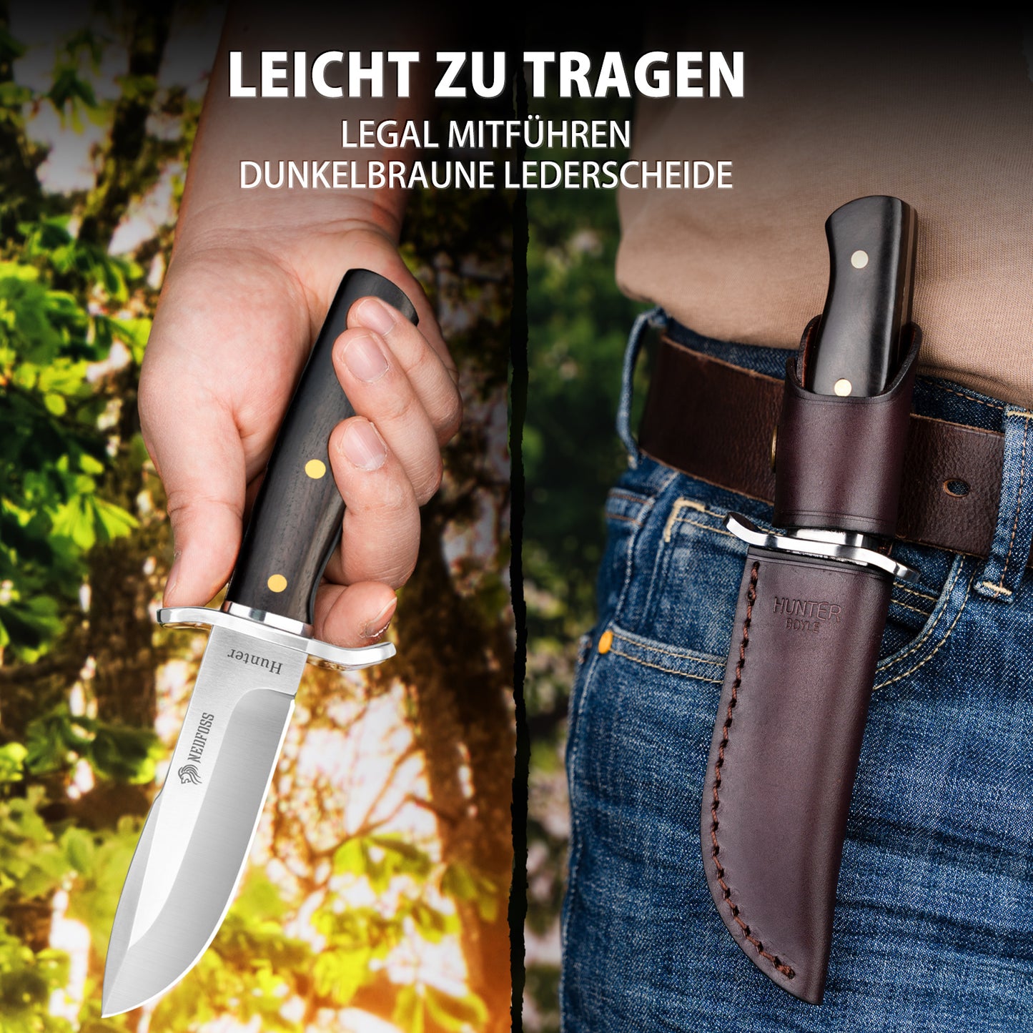 NedFoss HUNTER Jagdmesser, 11cm Bowiemesser aus D2 und Rotholzgriff mit Exquisite Ledertasche, Survival Messer für Outdoor, Extra scharf (Schwarz)