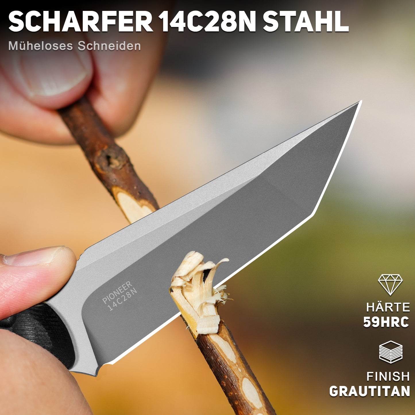 NedFoss PIONEER Jagdmesser, 8.5cm 14C28N Stahl Full Tang legales Outdoor Messer mit G10 Griff & Verstellbarer Clip, Kleines Survival Messer mit Kydexscheide, Bushcraft messer 42a konform, Edc Messer