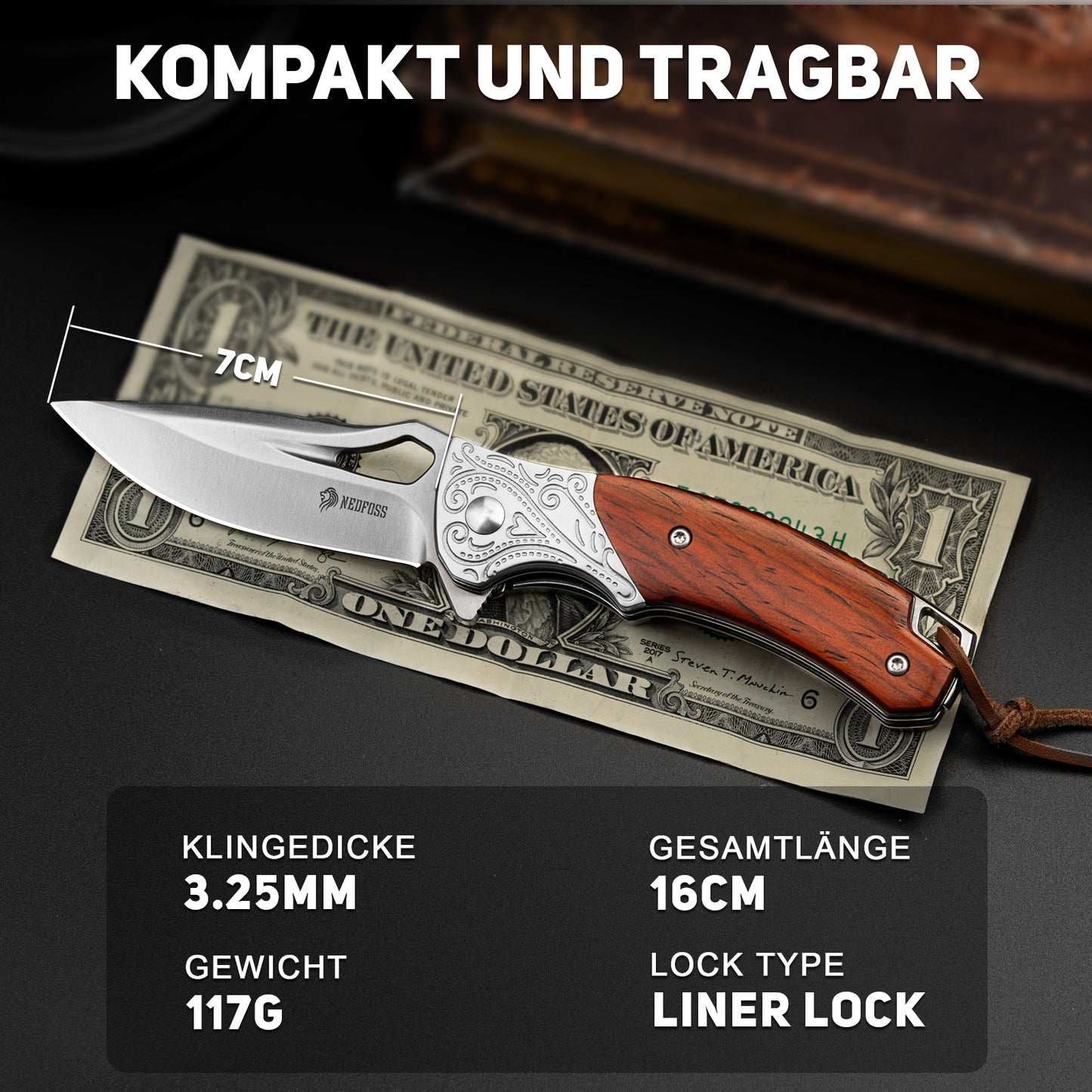 NedFoss HERON Klappmesser, 7cm 14C28N Sthal Einhandmesser mit Holzgriff, Scharfes Taschenmesser mit Liner Lock & Kugellager, Outdoor Messer mit Glip, Survival Messer in Geschenk-Box für Sammlung