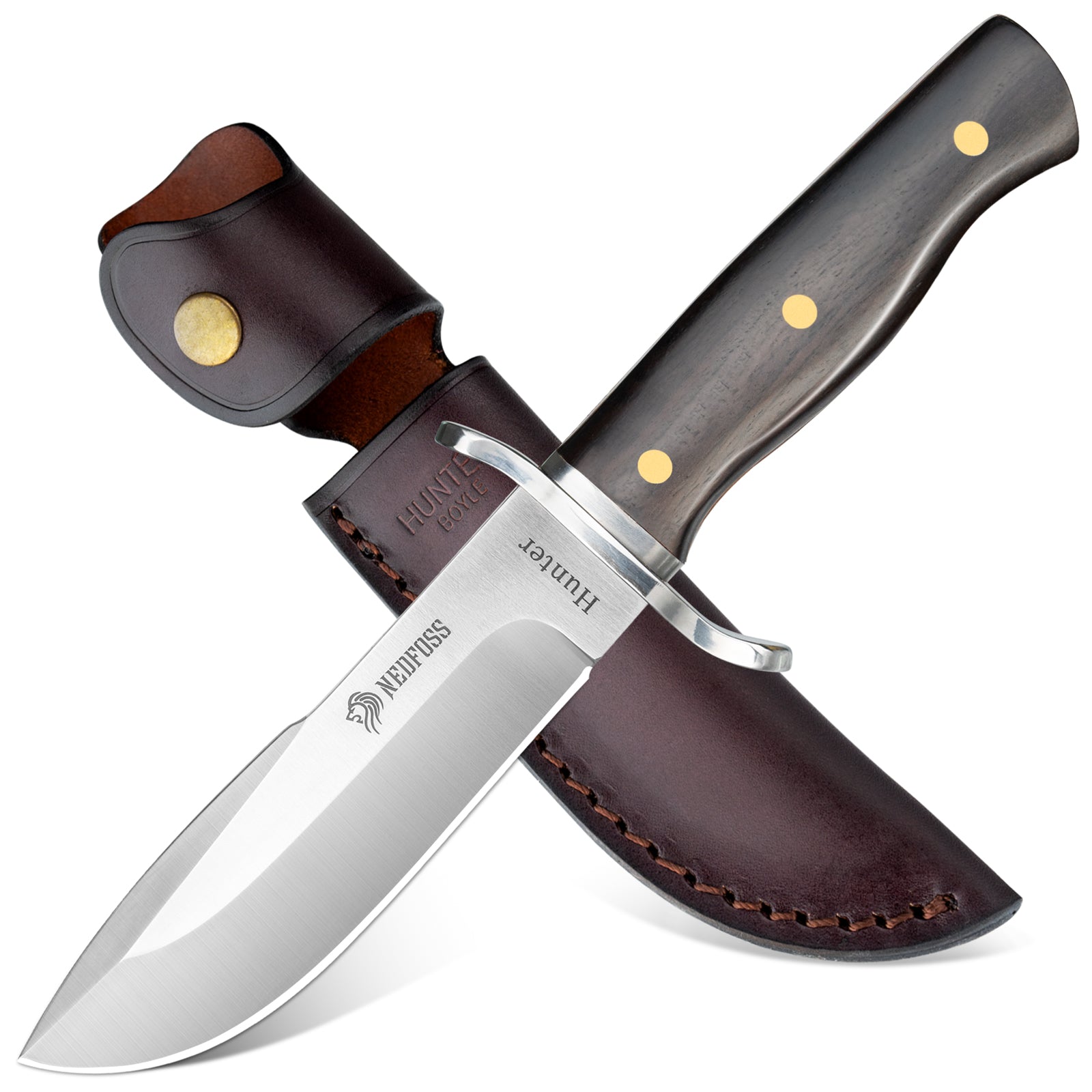 NedFoss HUNTER Jagdmesser, 11cm Bowiemesser aus D2 und Rotholzgriff mi ...