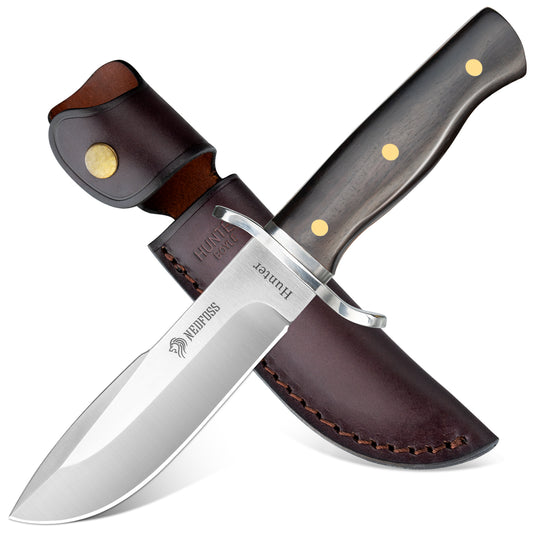 NedFoss HUNTER Jagdmesser, 11cm Bowiemesser aus D2 und Rotholzgriff mit Exquisite Ledertasche, Survival Messer für Outdoor, Extra scharf (Schwarz)