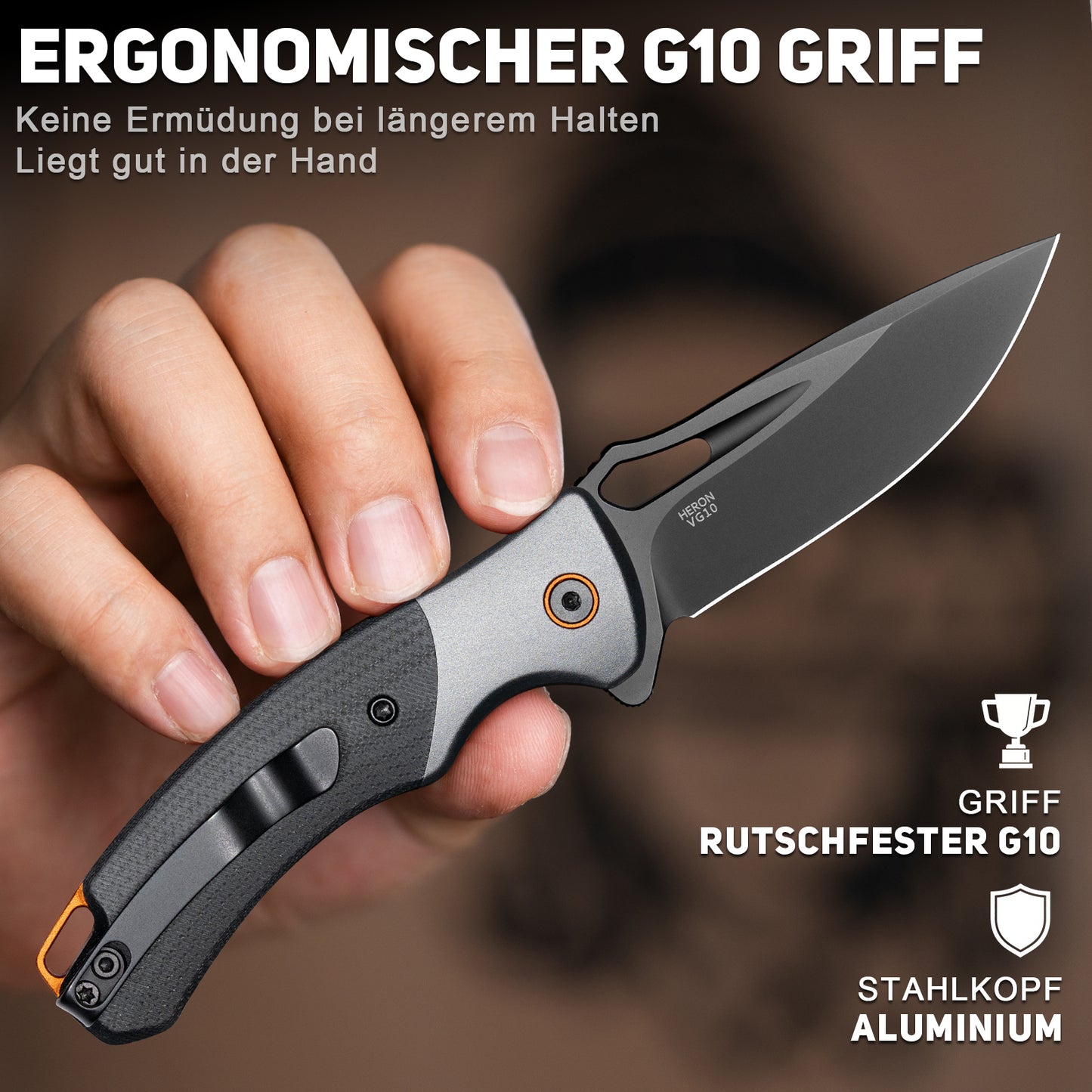 NedFoss HERON Klappmesser, VG10 Stahl Taschenmesser mit Button-Lock, Einhandmesser mit G10 Griff, Outdoor Messer mit Gürtelclip, Survival Messer für den Alltag, Sammlung & Geschenk