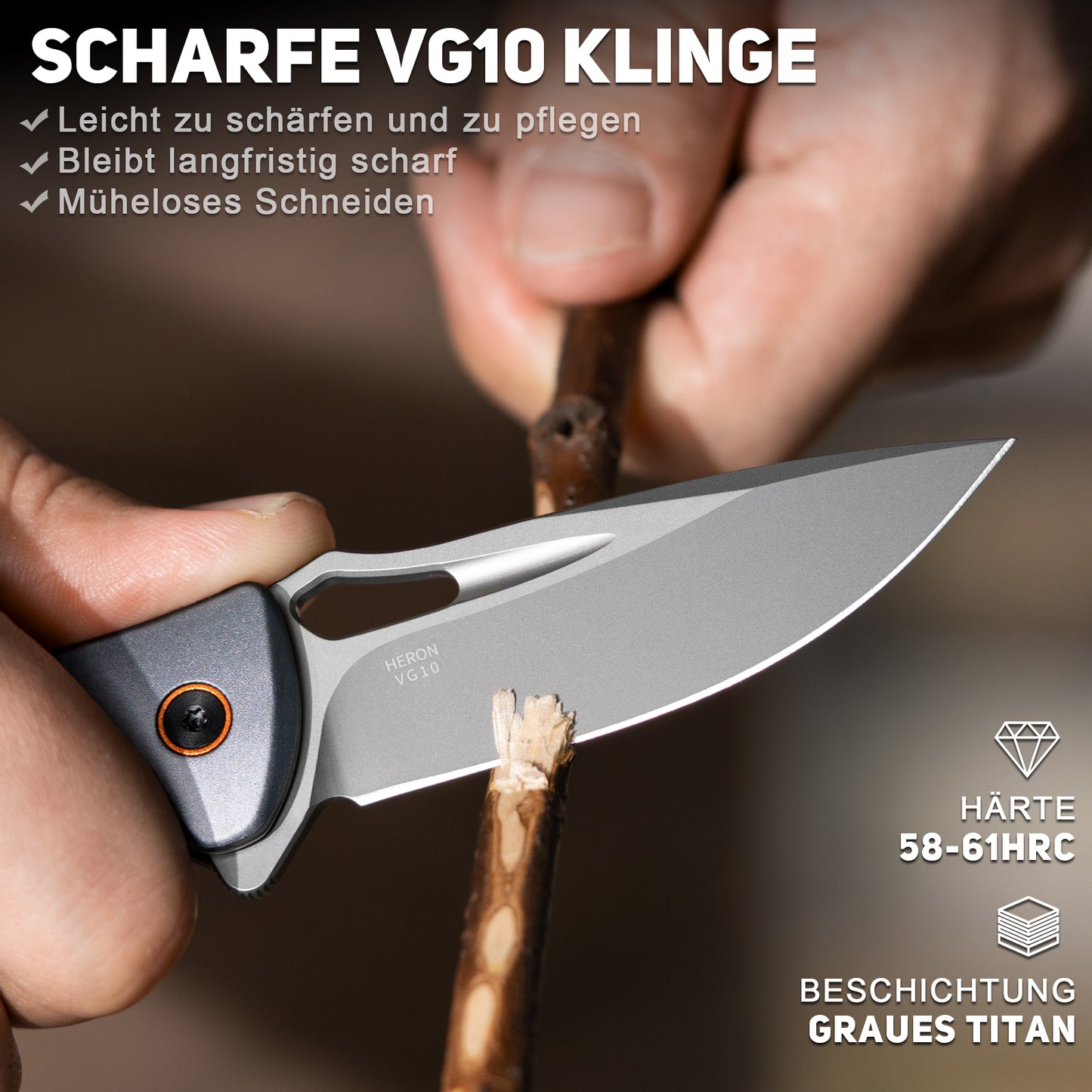 NedFoss HERON Klappmesser, VG10 Stahl Taschenmesser mit Button-Lock, Einhandmesser mit G10 Griff, Outdoor Messer mit Gürtelclip, Survival Messer für den Alltag, Sammlung & Geschenk