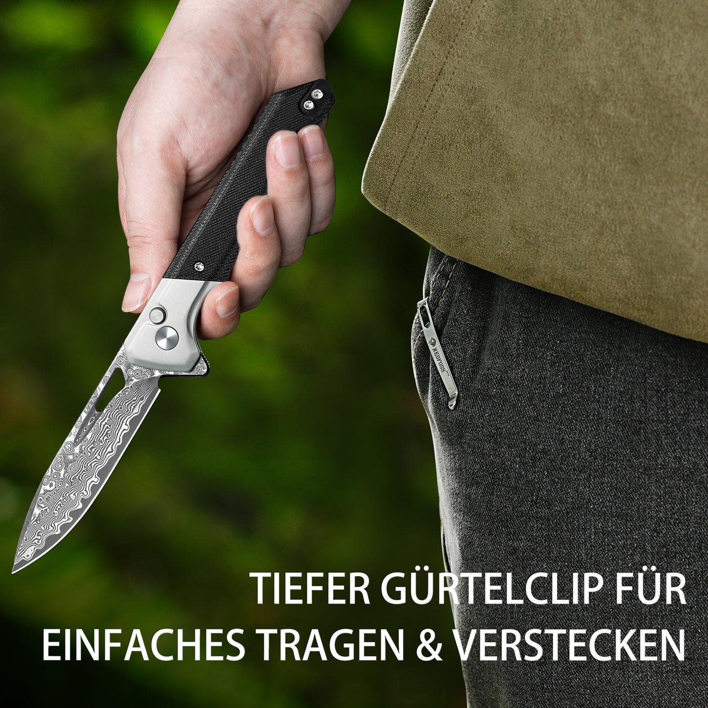 NedFoss ELF III Klappmesser, 8.5cm Damast Taschenmesser aus 67 Lagen VG10 Stahl mit Button-Lock, Einhandmesser mit G10 Griff, Outdoor Messer mit Clip, Jagdmesser für den Alltag, Sammlung & Geschenk