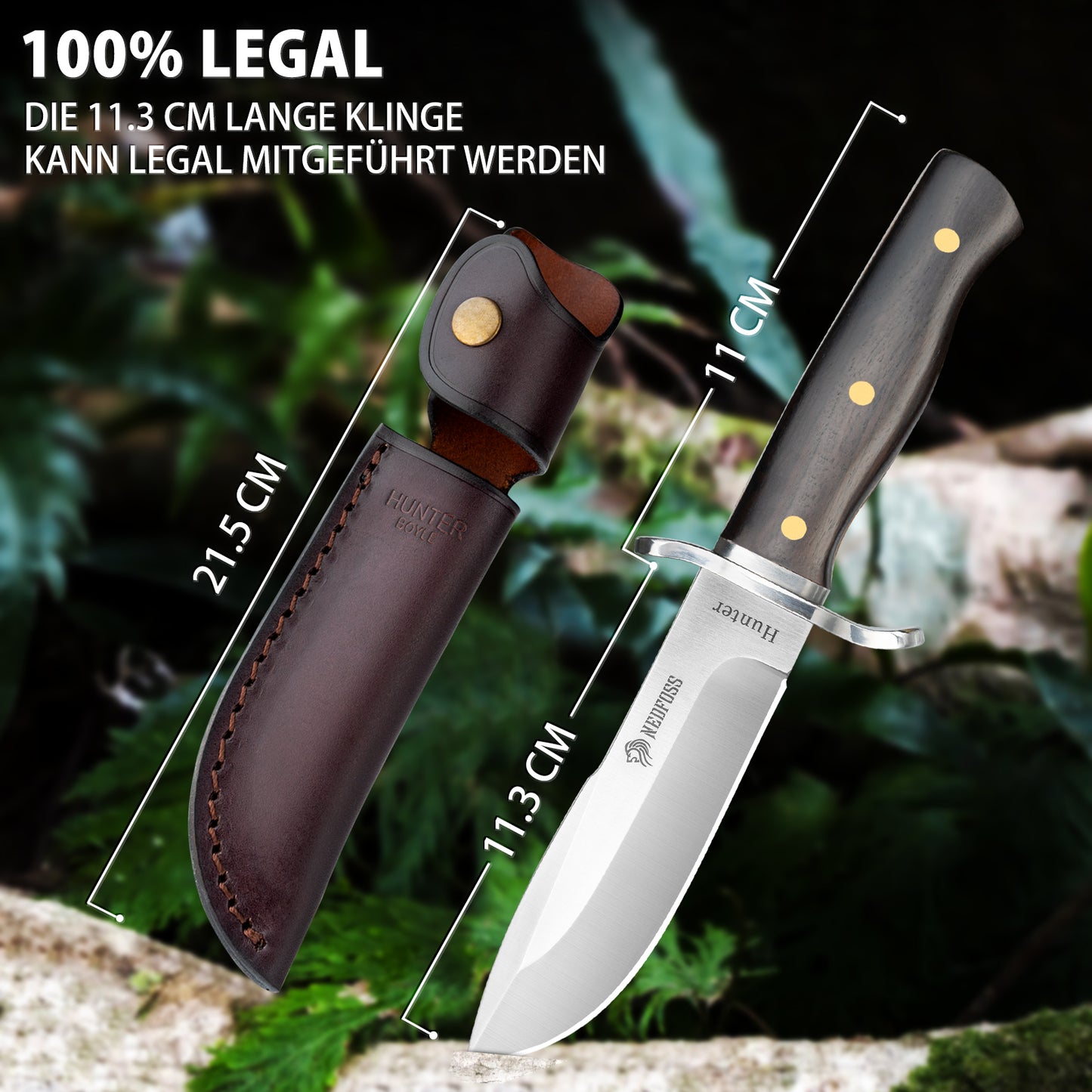 NedFoss HUNTER Jagdmesser, 11cm Bowiemesser aus D2 und Rotholzgriff mit Exquisite Ledertasche, Survival Messer für Outdoor, Extra scharf (Schwarz)