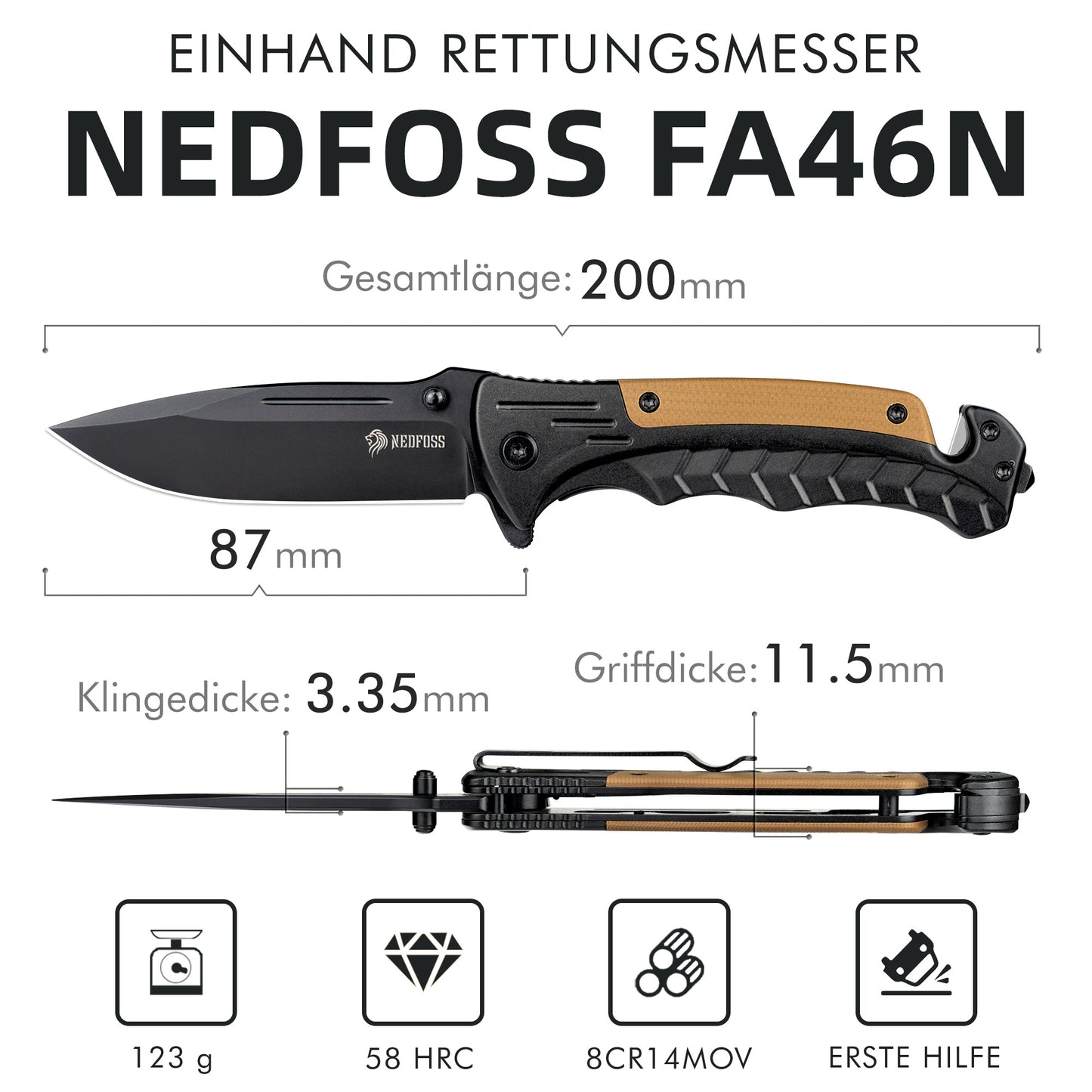 NedFoss FA46N Taschenmesser, Rettungsmesser mit Gurtschneider & Glasbrecher, Klappmesser mit Gürtelclip, Einhandmesser für Auto, Survival überlebensmesser für Unfallsituationen, Rescue messer