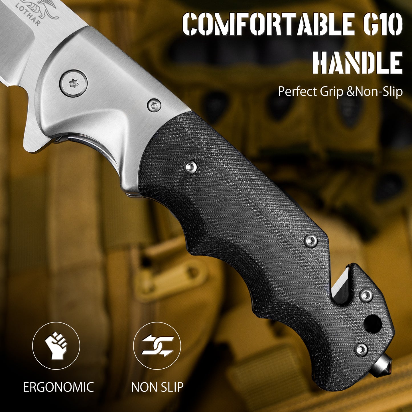 LOTHAR SMAUG Rettungsmesser, 9.4CM Klappmesser aus D2 Stahl mit Glasbrecher & Gurtschneider, G10 Griff Einhandmesser mit Clip, Robustes Outdoor Messer, Rescue Messer für Camping, Jagd, Notfälle