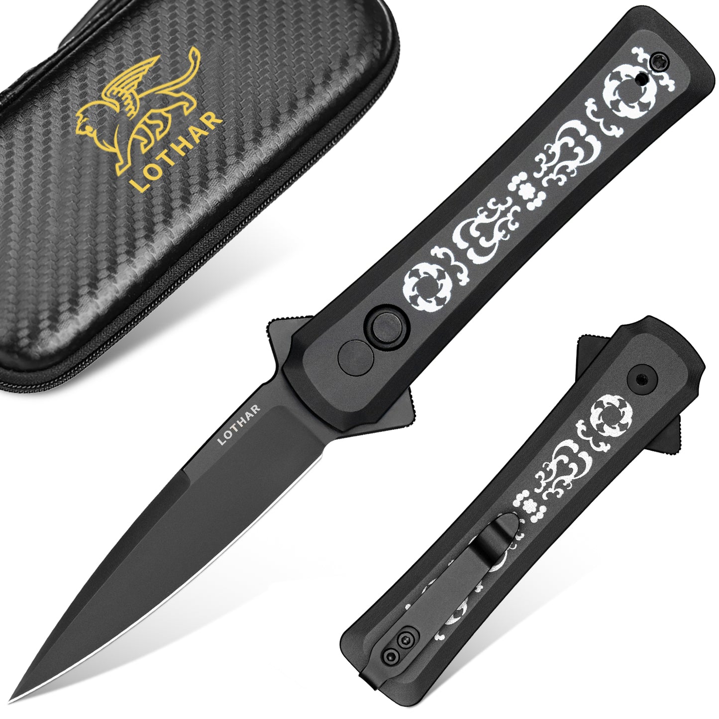 LOTHAR KNIGHT 2,9 Zoll VG10 Stahlklinge, Flipper-Knopfverschluss, Taschenmesser mit Clip