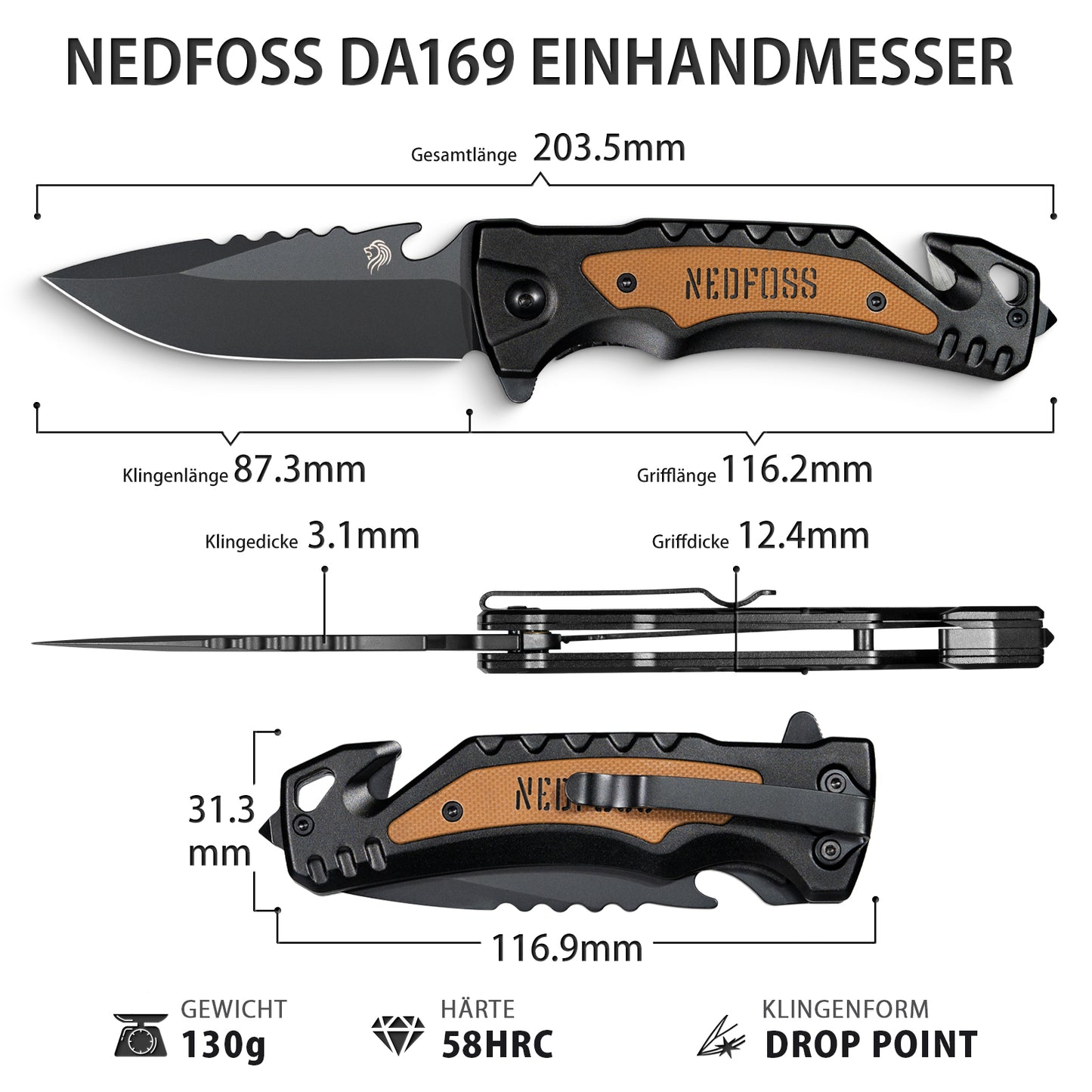 NedFoss DA169 Klappmesser, 9.5 CM Taschenmesser mit Gurtschneider & Glasbrecher & Flaschenöffner, Einhandmesser mit Liner Lock & Kugellager, Rettungsmesser für Auto, Survival Rescue messer Outdoor