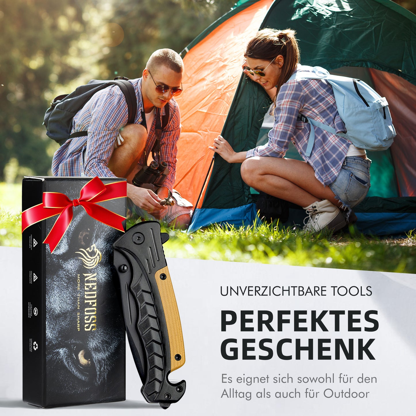 NedFoss FA46N Taschenmesser, Rettungsmesser mit Gurtschneider & Glasbrecher, Klappmesser mit Gürtelclip, Einhandmesser für Auto, Survival überlebensmesser für Unfallsituationen, Rescue messer