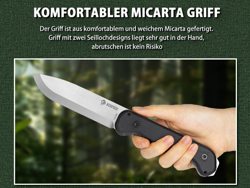 NedFoss BERGLÖWE II Outdoor Messer, 11.5cm Full Tang 14C28N Jagdmesser mit Micarta Griff, Bushcraft-Messer mit Skandi Schliff, Sharfe Survival-Messer mit Feuerstahl, Gürtelmesser mit Kydexholster