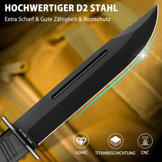 NedFoss BRAVE Bowiemesser, 17.2CM D2 Stahl Full Tang Outdoor Messer mit G10 Griff & Kydex Scheide, Survival Messer mit Titanium