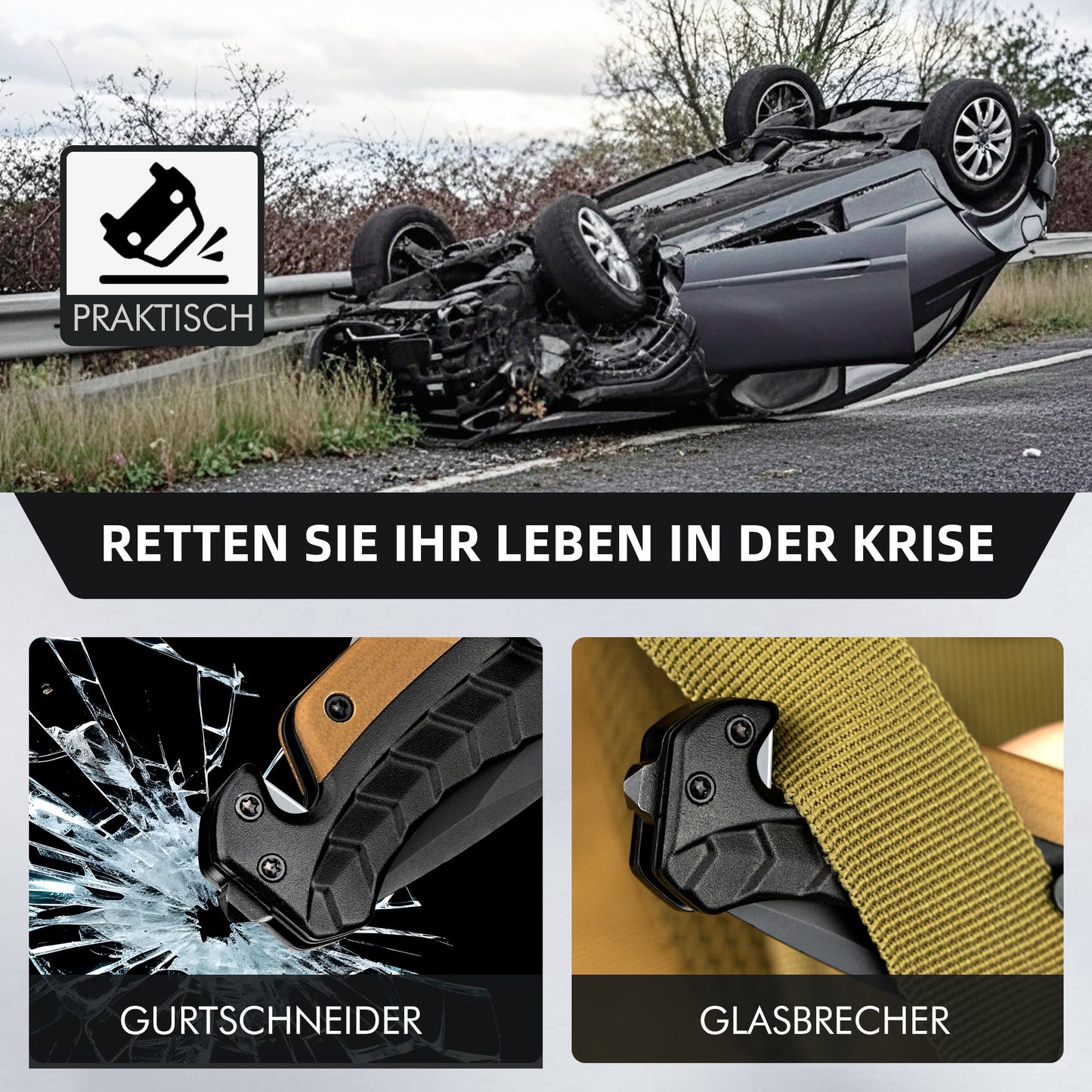 NedFoss FA46N Taschenmesser, Rettungsmesser mit Gurtschneider & Glasbrecher, Klappmesser mit Gürtelclip, Einhandmesser für Auto, Survival überlebensmesser für Unfallsituationen, Rescue messer