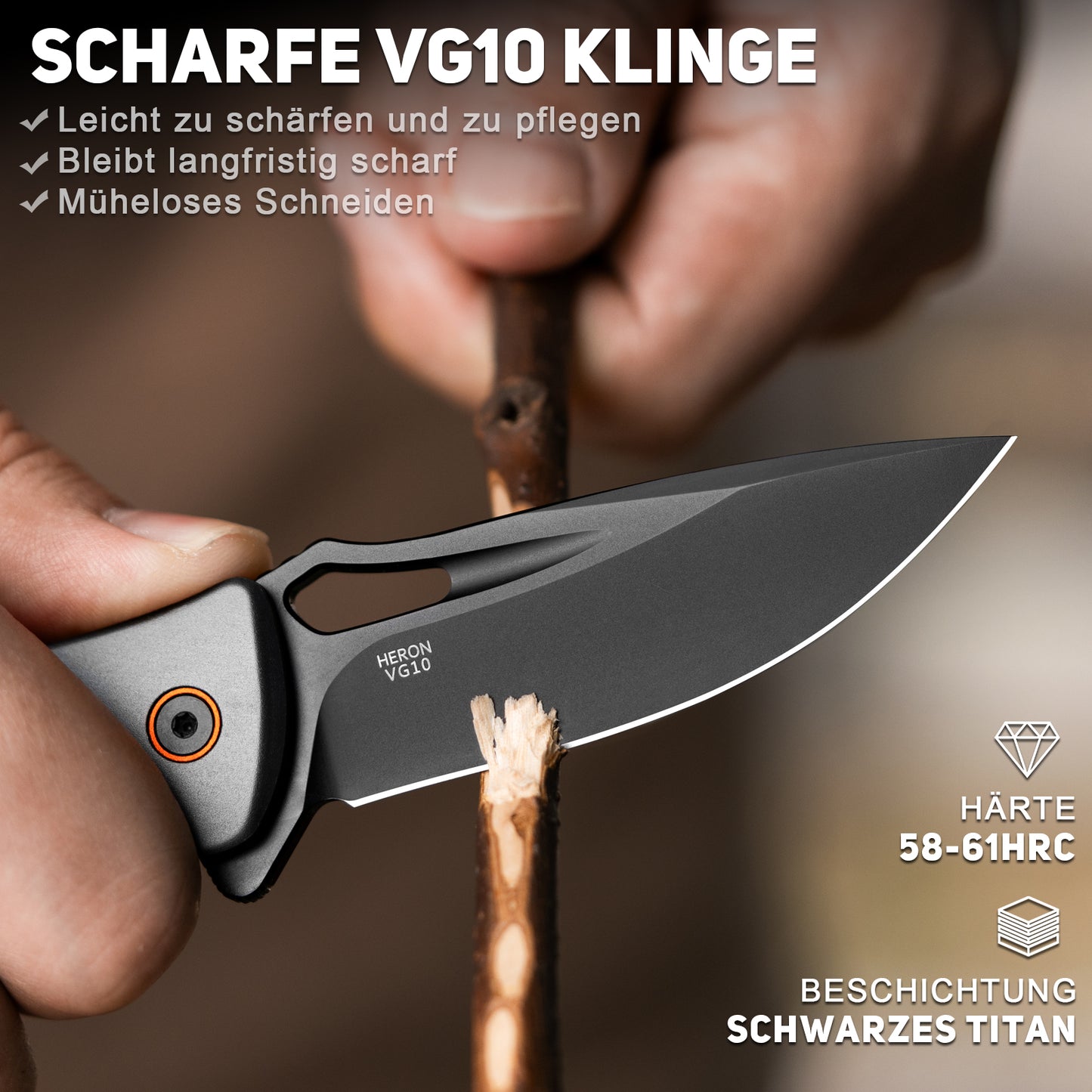 NedFoss HERON Klappmesser, VG10 Stahl Taschenmesser mit Button-Lock, Einhandmesser mit G10 Griff, Outdoor Messer mit Gürtelclip, Survival Messer für den Alltag, Sammlung & Geschenk