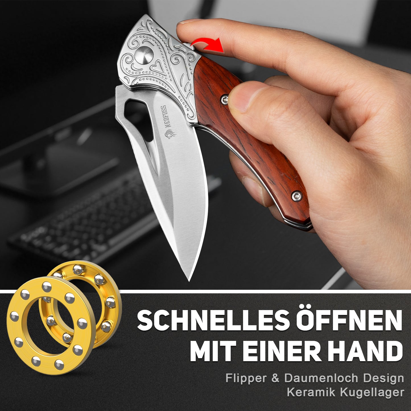 NedFoss HERON Klappmesser, 7cm 14C28N Sthal Einhandmesser mit Holzgriff, Scharfes Taschenmesser mit Liner Lock & Kugellager, Outdoor Messer mit Glip, Survival Messer in Geschenk-Box für Sammlung