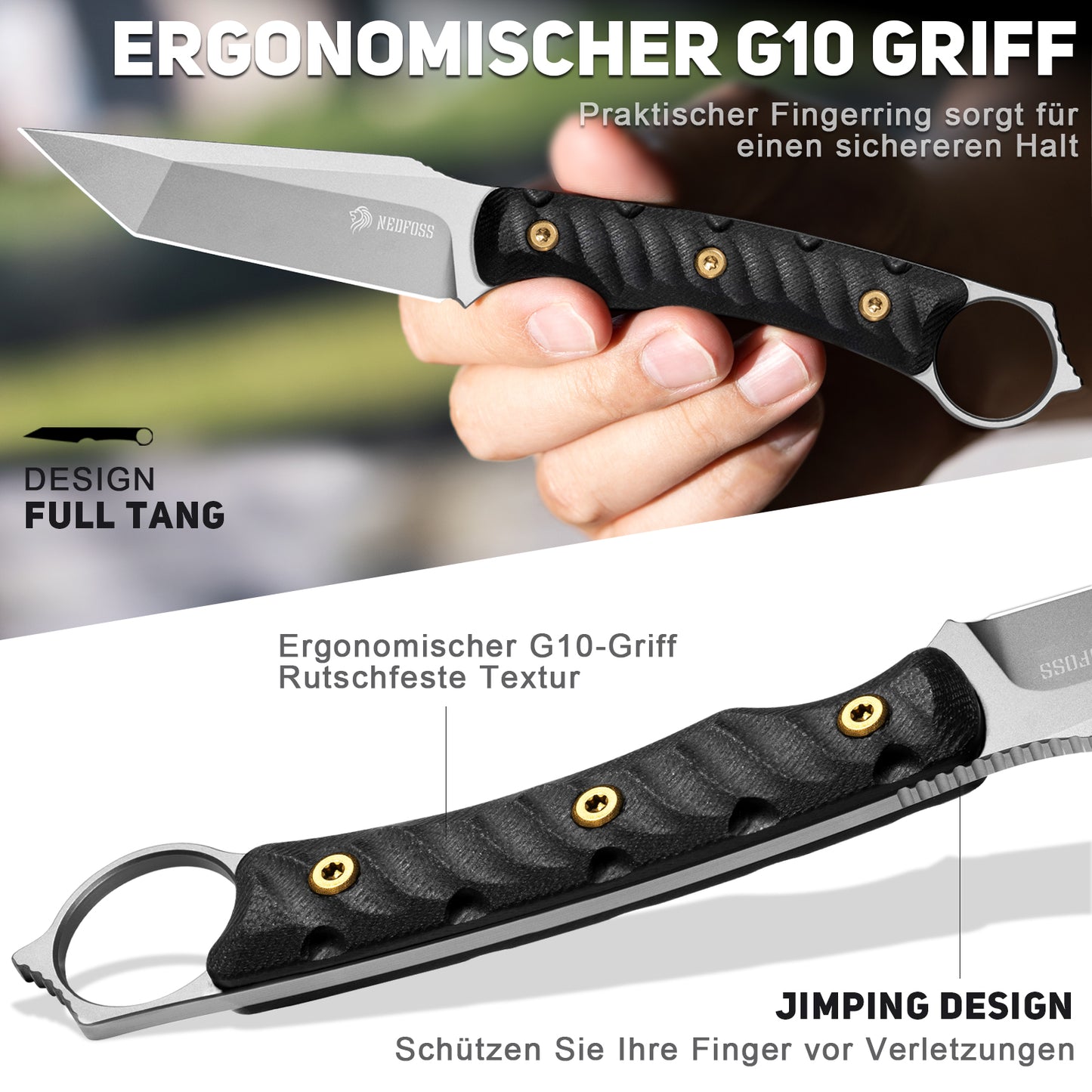 NedFoss PIONEER Jagdmesser, 8.5cm 14C28N Stahl Full Tang legales Outdoor Messer mit G10 Griff & Verstellbarer Clip, Kleines Survival Messer mit Kydexscheide, Bushcraft messer 42a konform, Edc Messer