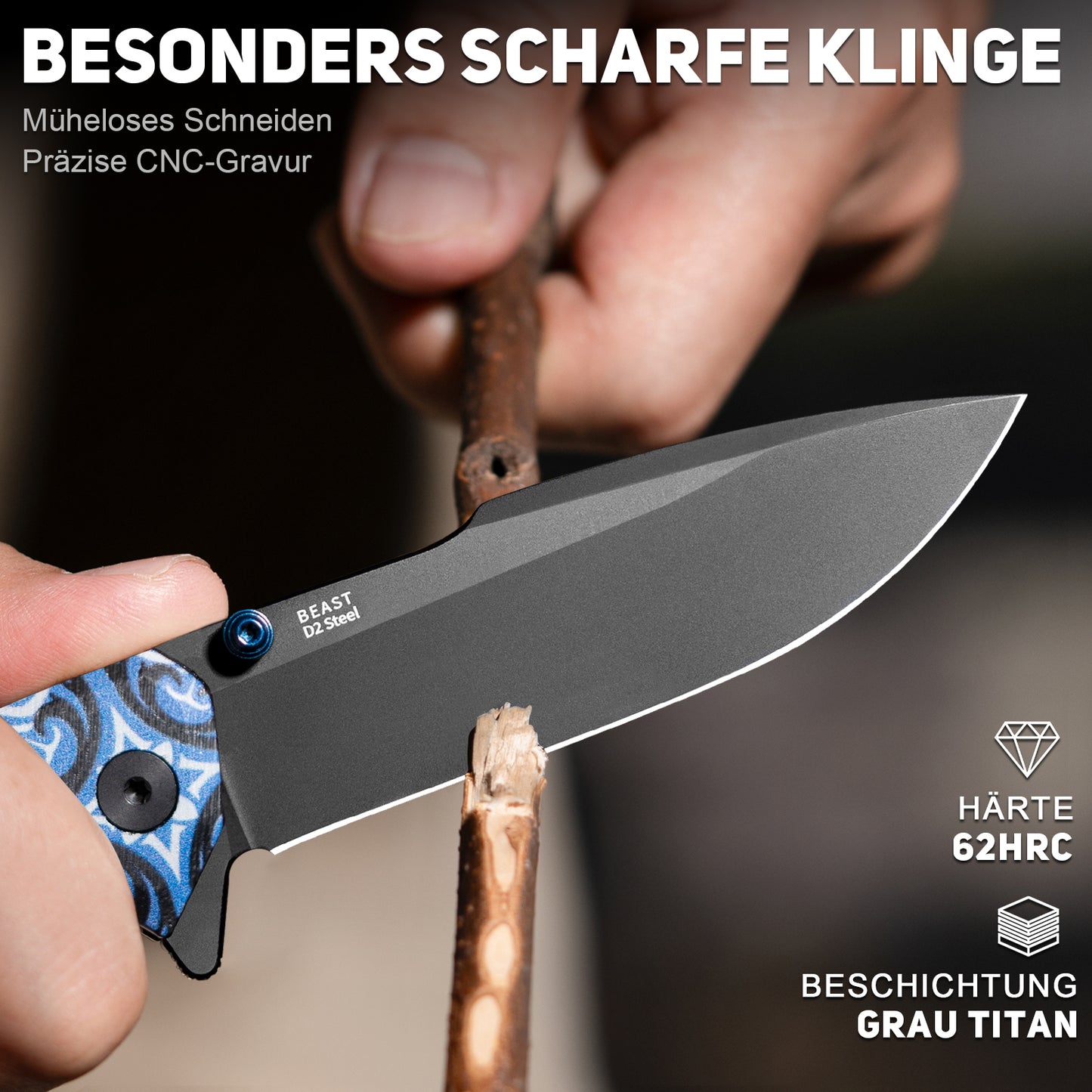 NedFoss BEAST Klappmesser, Klingenlänge 8.7cm aus D2 Stahl Taschenmesser mit G10 Griff, Einhandmesser mit Liner Lock & Kugellager, Outdoor Messer mit Clip, Survival Messer für Sammlung & Geschenk