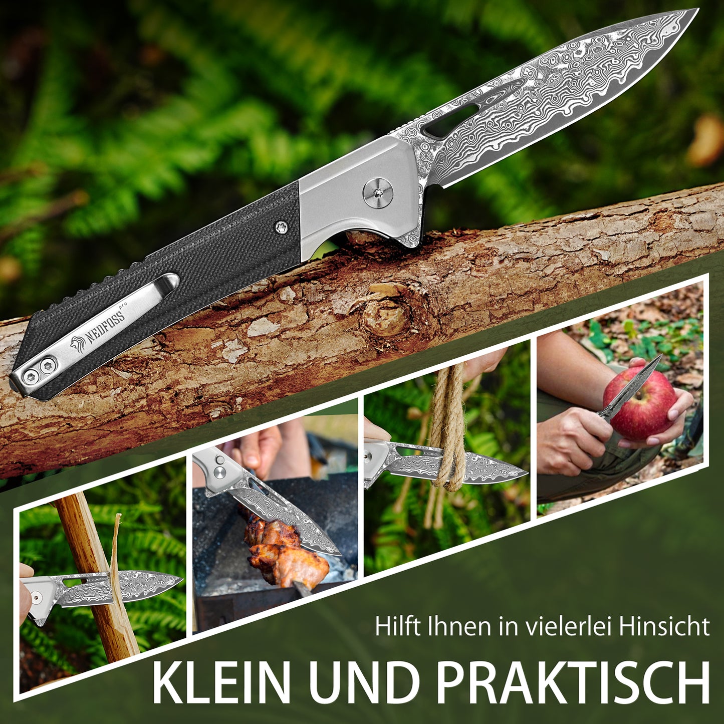 NedFoss ELF III Klappmesser, 8.5cm Damast Taschenmesser aus 67 Lagen VG10 Stahl mit Button-Lock, Einhandmesser mit G10 Griff, Outdoor Messer mit Clip, Jagdmesser für den Alltag, Sammlung & Geschenk