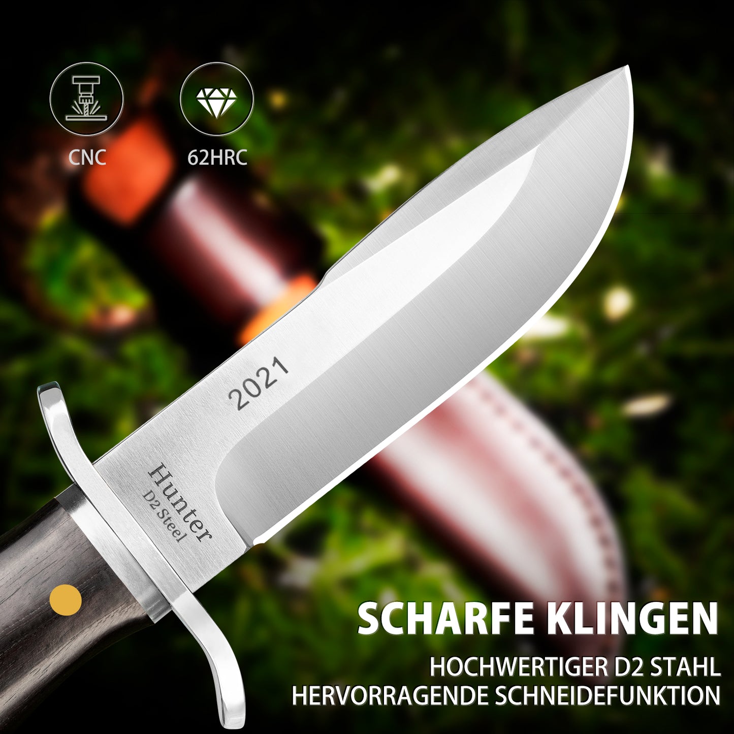 NedFoss HUNTER Jagdmesser, 11cm Bowiemesser aus D2 und Rotholzgriff mit Exquisite Ledertasche, Survival Messer für Outdoor, Extra scharf (Schwarz)