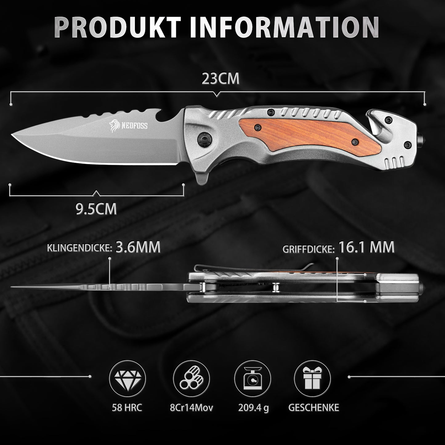 NedFoss DA169 Klappmesser - 3 IN 1 Taschenmesser mit Glasbrecher und Gurtschneider, Einhandmesser, Rettungsmesser, Überlebensmesser, Survival Messer