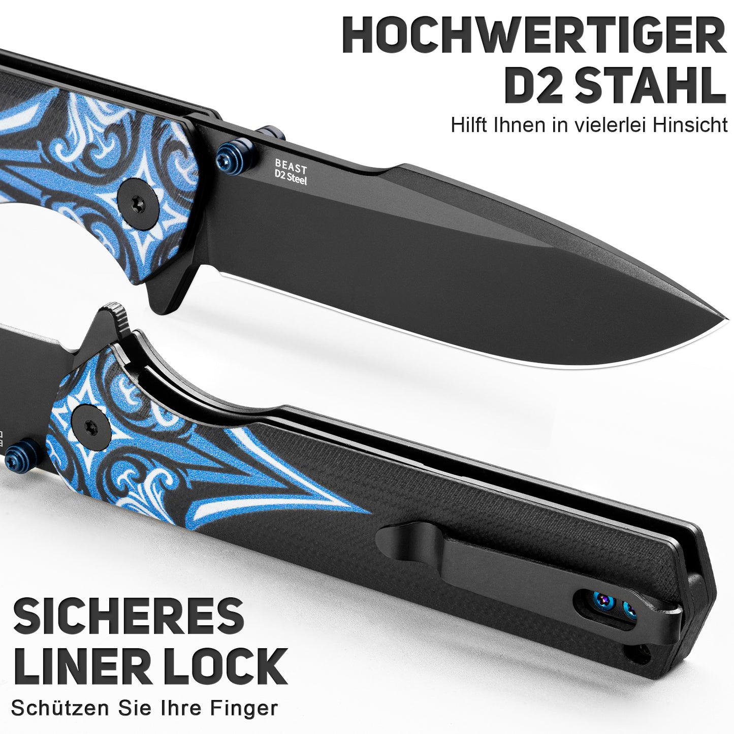 NedFoss BEAST Klappmesser, Klingenlänge 8.7cm aus D2 Stahl Taschenmesser mit G10 Griff, Einhandmesser mit Liner Lock & Kugellager, Outdoor Messer mit Clip, Survival Messer für Sammlung & Geschenk