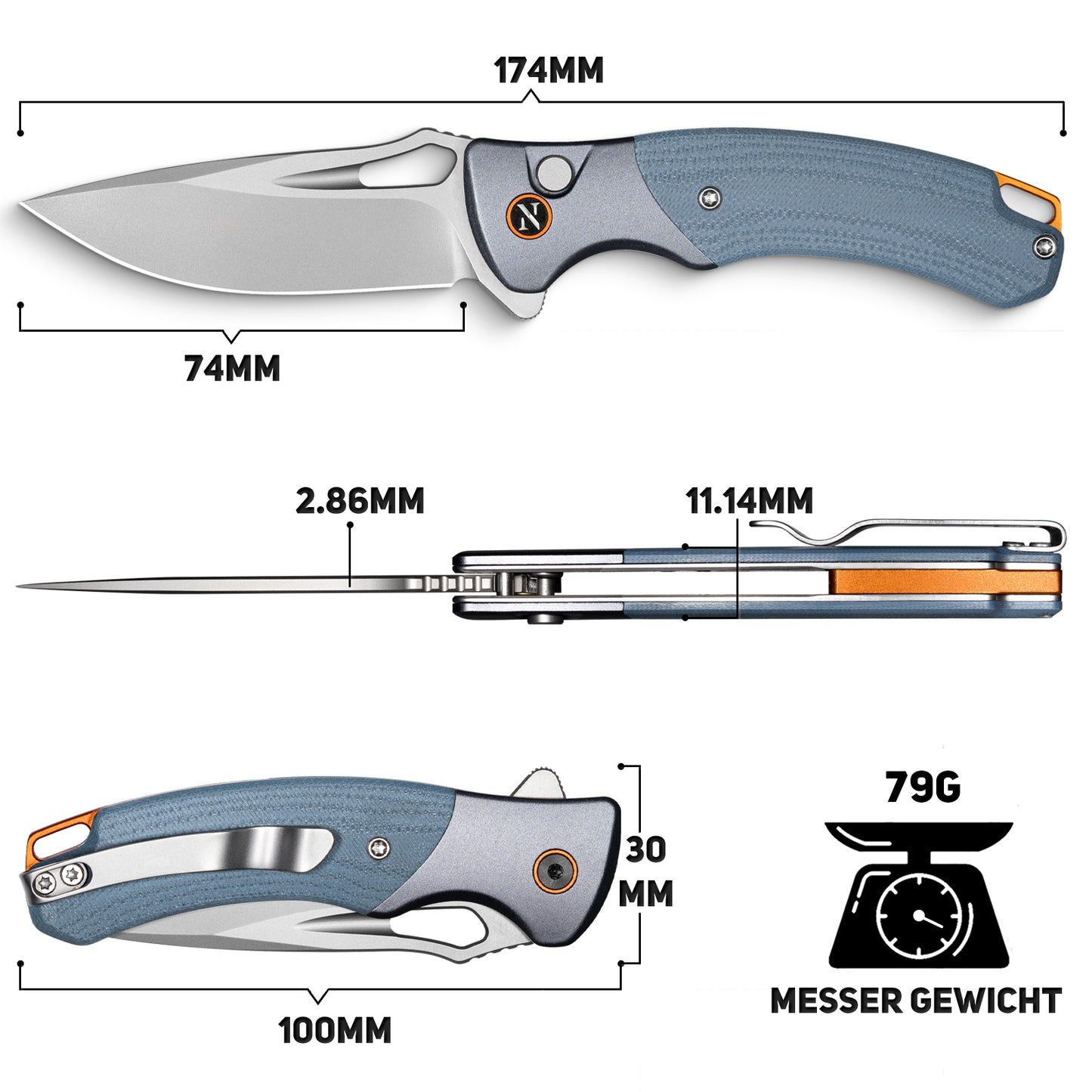 NedFoss HERON Klappmesser, VG10 Stahl Taschenmesser mit Button-Lock, Einhandmesser mit G10 Griff, Outdoor Messer mit Gürtelclip, Survival Messer für den Alltag, Sammlung & Geschenk