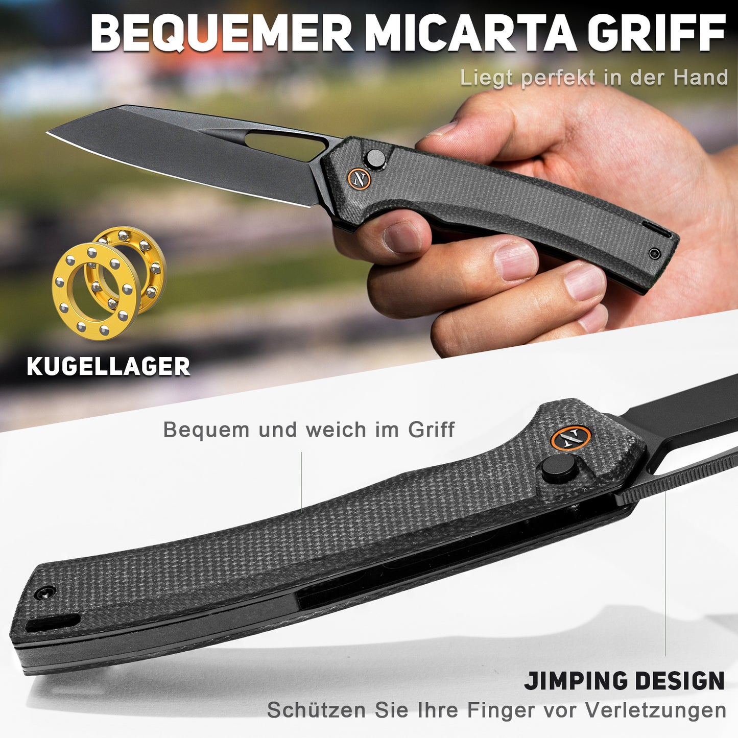 NedFoss MAMBA II Klappmesser, 8.8CM 14C28N Stahl Taschenmesser mit Button-Lock, Einhandmesser mit Micarta Griff, Outdoor Messer mit Gürtelclip, Survival Messer für den Alltag, Sammlung & Geschenk
