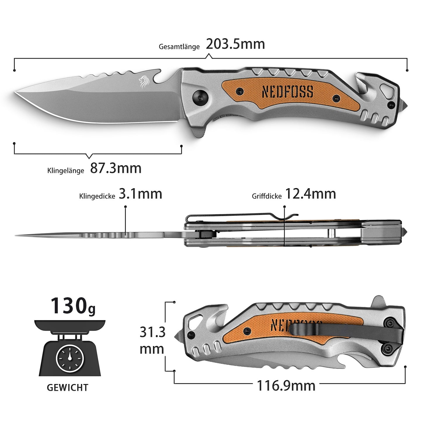 NedFoss DA169 Klappmesser, 9.5 CM Taschenmesser mit Gurtschneider & Glasbrecher & Flaschenöffner, Einhandmesser mit Liner Lock & Kugellager, Rettungsmesser für Auto, Survival Rescue messer Outdoor