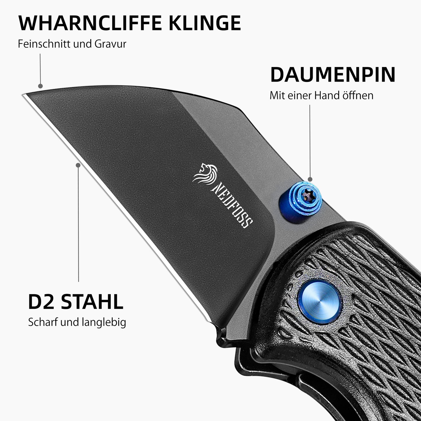NedFoss OWL Klappmesser, 3.7cm D2 Stahl mini Taschenmesser mit Aluminiumgriff, Einhandmesser mit Liner Lock, Schlüsselanhänger Messer mit Karabiner, EDC Messer für Alltag, Sammlung & Geschenk