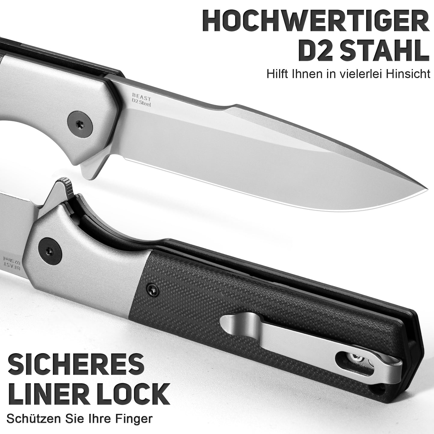 NedFoss BEAST Klappmesser, Klingenlänge 8.7cm aus D2 Stahl Taschenmesser mit G10 Griff, Einhandmesser mit Liner Lock & Kugellager, Outdoor Messer mit Clip, Survival Messer für Sammlung & Geschenk