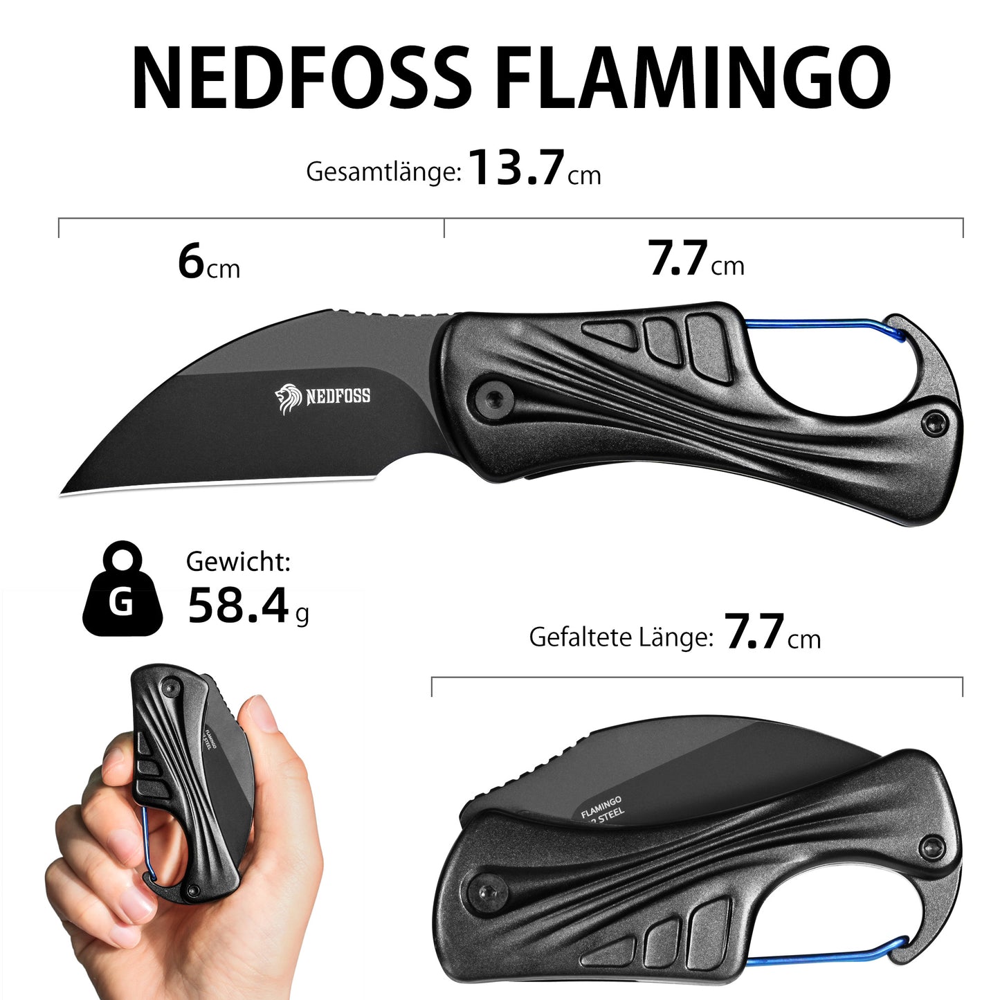 NedFoss FLAMINGO Klappmesser, 6cm D2 Stahl mini Taschenmesser mit Aluminiumgriff & Liner Lock, Schlüsselanhänger Messer mit Karabiner, EDC Messer für Alltag, Sammlung & Geschenk