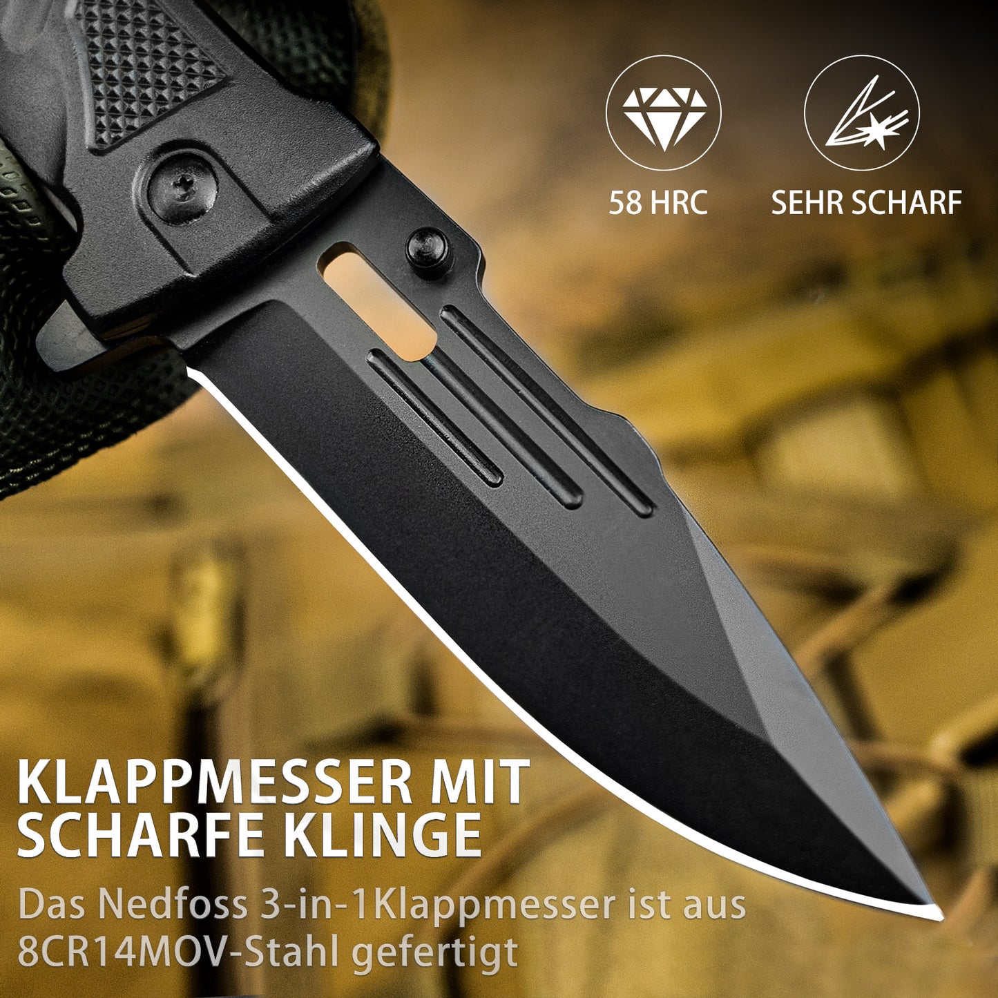 NedFoss DA75 Klappmesser for YOUR LOVE - 3 IN 1 Taschenmesser mit Glasbrecher und Gurtschneider, Einhandmesser, Rettungsmesser, Überlebensmesser, Vielseitiges Survival Messer