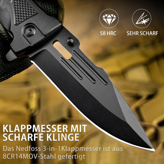 NedFoss DA75 Klappmesser - 3 IN 1 Taschenmesser mit Glasbrecher und Gurtschneider, Einhandmesser, Rettungsmesser, Überlebensmesser, Vielseitiges Survival Messer