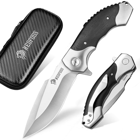 NedFoss SHARK Klappmesser, D2 Steel Taschenmesser, Einhandmeeser mit Messing Lager, Outdoor Taschenmesser mit Gürtelclip, Locking-Liner-Arretierung, Extra Scharf